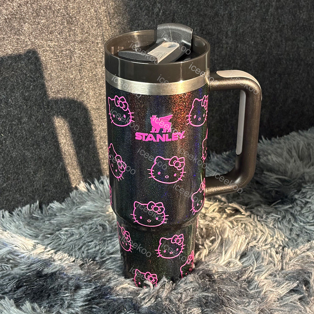 30oz Black Sparkle Pink Kitty Tumbler