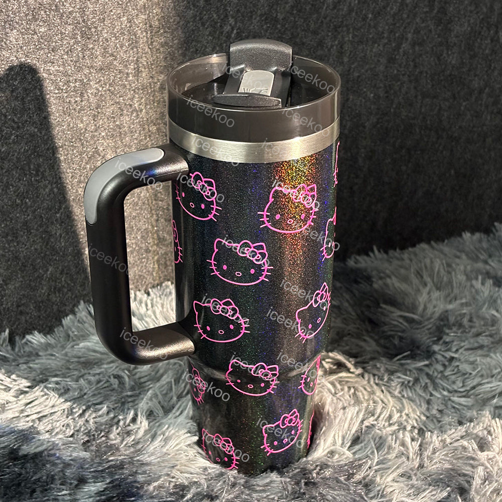 30oz Black Sparkle Pink Kitty Tumbler